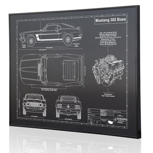  Engraved Blueprint Art LLC Ford Mustang 302 Boss 1969 Blueprint Artwork-Laser Marked & Personalized-The Perfect Ford Gifts