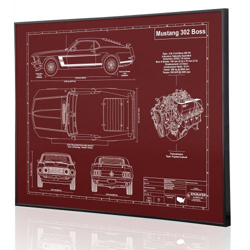  Engraved Blueprint Art LLC Ford Mustang 302 Boss 1969 Blueprint Artwork-Laser Marked & Personalized-The Perfect Ford Gifts