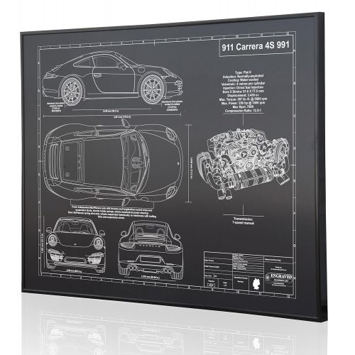  Engraved Blueprint Art LLC Porsche 991 911 Carrera 4S Blueprint Artwork-Laser Marked & Personalized-The Perfect Porsche Gifts