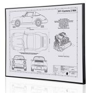 Engraved Blueprint Art LLC Porsche 964 911 Carrera 2 Blueprint Artwork-Laser Marked & Personalized-The Perfect Porsche Gifts