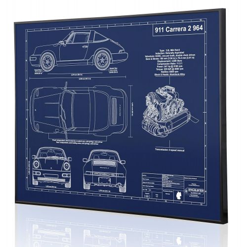  Engraved Blueprint Art LLC Porsche 964 911 Carrera 2 Blueprint Artwork-Laser Marked & Personalized-The Perfect Porsche Gifts