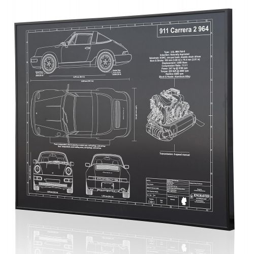  Engraved Blueprint Art LLC Porsche 964 911 Carrera 2 Blueprint Artwork-Laser Marked & Personalized-The Perfect Porsche Gifts