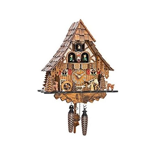  Engstler Quartz Cuckoo Clock Black Forest house with moving wood chopper and mill wheel, with music EN 4661 QMT