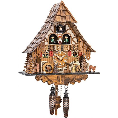  Engstler Quartz Cuckoo Clock Black Forest house with moving wood chopper and mill wheel, with music EN 4661 QMT