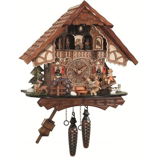  Engstler Quartz Cuckoo Clock Black forest house, turning mill-wheel, moving seesaw