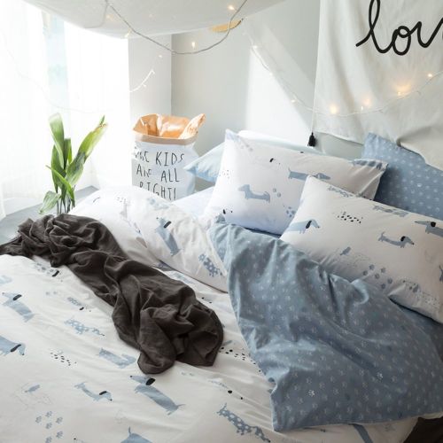  EnjoyBridal Bedding Set, Cotton Kids Duvet Cover Sets Full Toddler Dachshund Dog Print Comforter Cover Sham Set 3 Piece Queen Quilt Cover Set with Zipper Boys Girls, No Comforter