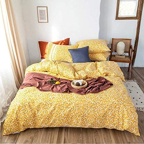  EnjoyBridal Girls Floral Duvet Cover Queen Pink Cotton Teens Bedding Set Queen Kids Yellow Flower Comforter Cover Queen for Women Lightweight Botanical Duvet Cover Full with 2 Pillow Shams, No