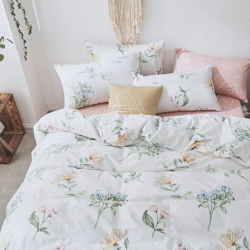  EnjoyBridal Girls Floral Duvet Cover Queen Pink Cotton Teens Bedding Set Queen Kids Yellow Flower Comforter Cover Queen for Women Lightweight Botanical Duvet Cover Full with 2 Pillow Shams, No