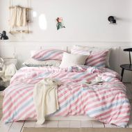 EnjoyBridal Geometric Pink Teens Bedding Duvet Cover Sets Queen 100% Cotton Girls Comforter Cover Full with 2PC Pillow Covers Modern Stripe Kids Bedding Set Queen Size Blue Duvet C