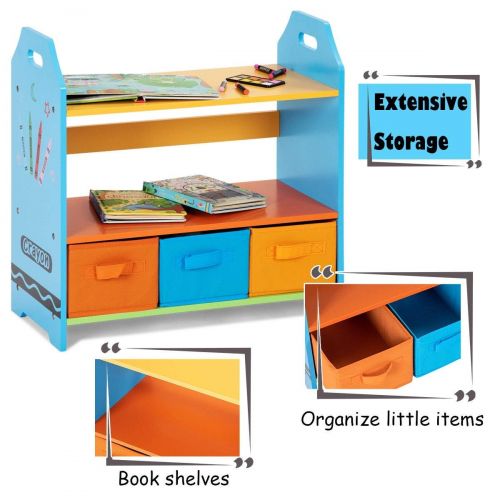  EnjoyShop 2 Tiers Crayon Themed Bookshelf with 3 Storage Bins Perfect Beautiful Classic Elegant Useful