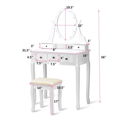  EnjoyShop 5 Drawers Vanity Dressing Table Stool Set with 12 LED Bulbs Organizer Make Up Beauty Lighted Modern Elegant Bedroom Mirror White