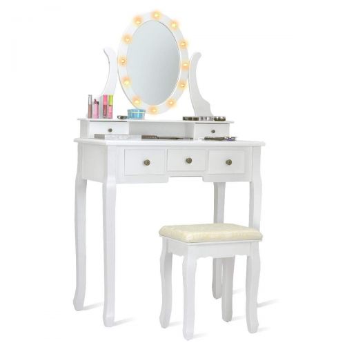  EnjoyShop 5 Drawers Vanity Dressing Table Stool Set with 12 LED Bulbs Organizer Make Up Beauty Lighted Modern Elegant Bedroom Mirror White