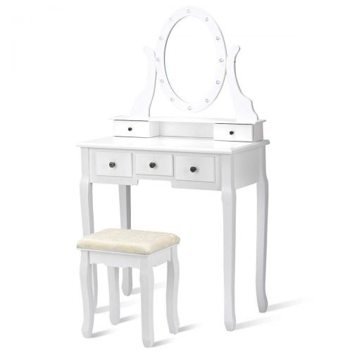  EnjoyShop 5 Drawers Vanity Dressing Table Stool Set with 12 LED Bulbs Organizer Make Up Beauty Lighted Modern Elegant Bedroom Mirror White