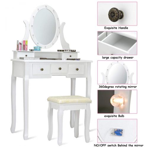  EnjoyShop 5 Drawers Vanity Dressing Table Stool Set with 12 LED Bulbs Organizer Make Up Beauty Lighted Modern Elegant Bedroom Mirror White