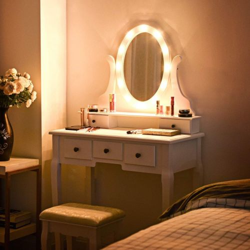  EnjoyShop 5 Drawers Vanity Dressing Table Stool Set with 12 LED Bulbs Organizer Make Up Beauty Lighted Modern Elegant Bedroom Mirror White