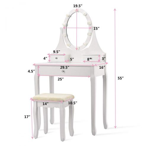  EnjoyShop 3 Drawers Lighted Mirror Vanity Makeup Dressing Table Stool Set Hollywood Tabletop Beauty Dressing White