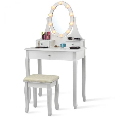  EnjoyShop 3 Drawers Lighted Mirror Vanity Makeup Dressing Table Stool Set Hollywood Tabletop Beauty Dressing White