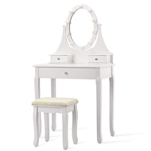  EnjoyShop 3 Drawers Lighted Mirror Vanity Makeup Dressing Table Stool Set Hollywood Tabletop Beauty Dressing White