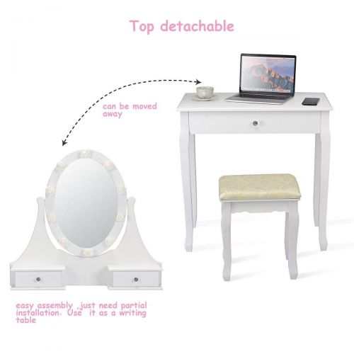  EnjoyShop 3 Drawers Lighted Mirror Vanity Makeup Dressing Table Stool Set Hollywood Tabletop Beauty Dressing White