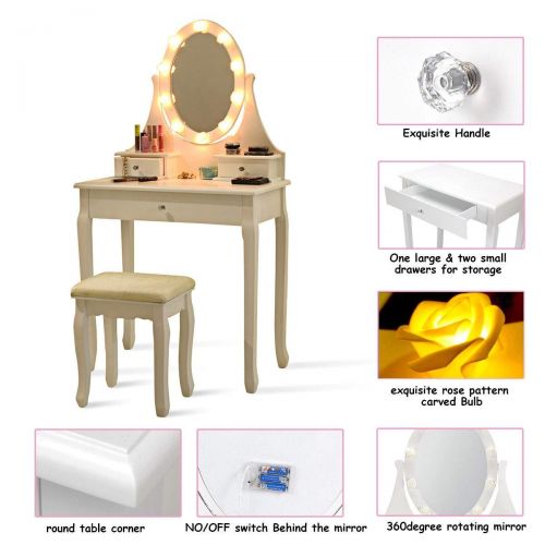  EnjoyShop 3 Drawers Lighted Mirror Vanity Makeup Dressing Table Stool Set Hollywood Tabletop Beauty Dressing White