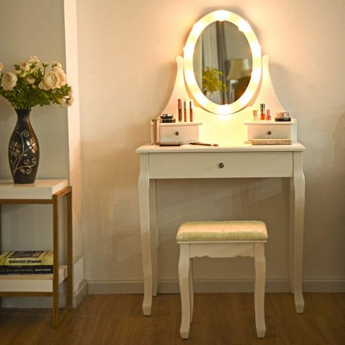  EnjoyShop 3 Drawers Lighted Mirror Vanity Makeup Dressing Table Stool Set Hollywood Tabletop Beauty Dressing White