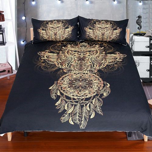  Enman Home Textiles US King Golden Owl Bedding Set King Size Boys Luxury Dreamcatcher Print Black 3d Duvet Animal Feather Bohemian Bed Cover BD20