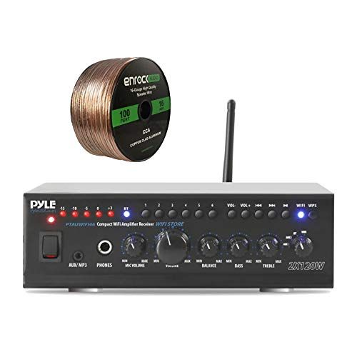  Pyle Home PTAUWIFI46 WiFi Bluetooth Theater Audio Component Amplifier Receiver, Enrock Audio Spool of 100 Foot 16-Gauge Speaker Wire (No Speakers), Black, PTAUWIFI46-EB16G100FT-CCA