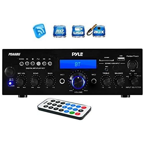  EnrockAudioBundle Pyle PDA6BU Amplifier Receiver Stereo, Bluetooth, FM Radio, USB Flash Reader, Aux input LCD Display, 200 Watt With Dual LU43PW Indoor/Outdoor Speakers Bundle With Enrock 50feet 16g