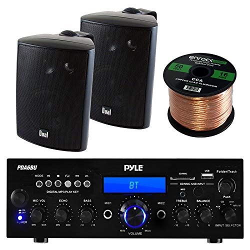  EnrockAudioBundle Pyle PDA6BU Amplifier Receiver Stereo, Bluetooth, AM/FM Radio, USB Flash Reader, Aux input LCD Display, 200 Watt With Dual LU43PB Indoor/Outdoor Speakers Bundle With Enrock 50ft 16