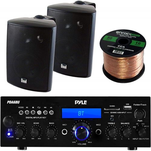  EnrockAudioBundle Pyle PDA6BU Amplifier Receiver Stereo, Bluetooth, AM/FM Radio, USB Flash Reader, Aux input LCD Display, 200 Watt With Dual LU43PB Indoor/Outdoor Speakers Bundle With Enrock 50ft 16