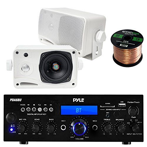  EnrockAudioBundle Pyle PDA6BU USB/SD-Card 200-Watt Bluetooth Stereo Amplifier Receiver, 2x Pair PLMR24 Pyle 3.5 200 Watt 3-Way Weather Proof Mini Box Speaker System (White), Enrock Audio 16-Gauge 50