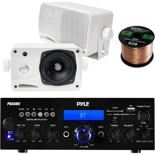  EnrockAudioBundle Pyle PDA6BU USB/SD-Card 200-Watt Bluetooth Stereo Amplifier Receiver, 2x Pair PLMR24 Pyle 3.5 200 Watt 3-Way Weather Proof Mini Box Speaker System (White), Enrock Audio 16-Gauge 50