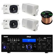 EnrockAudioBundle Pyle PDA6BU USB/SD-Card 200-Watt Bluetooth Stereo Amplifier Receiver, 4x Pair PLMR24 Pyle 3.5 200 Watt 3-Way Weather Proof Mini Box Speaker System (White), Enrock Audio 16-Gauge 50