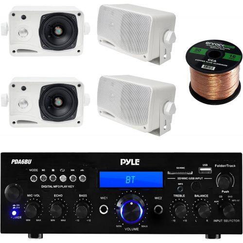  EnrockAudioBundle Pyle PDA6BU USB/SD-Card 200-Watt Bluetooth Stereo Amplifier Receiver, 4x Pair PLMR24 Pyle 3.5 200 Watt 3-Way Weather Proof Mini Box Speaker System (White), Enrock Audio 16-Gauge 50