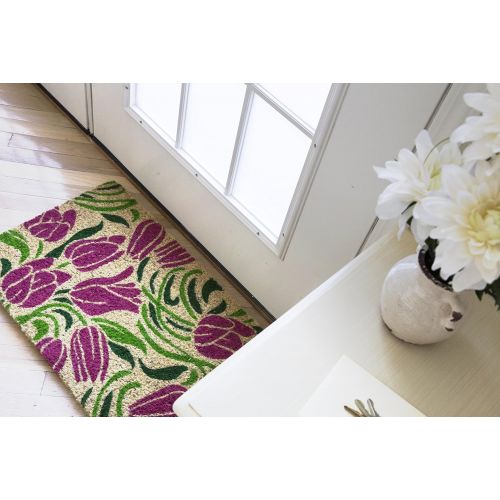  Entryways Blushing Tulips, Hand-Stenciled, All-Natural Coconut Fiber Coir Doormat 18 X 30 x .75