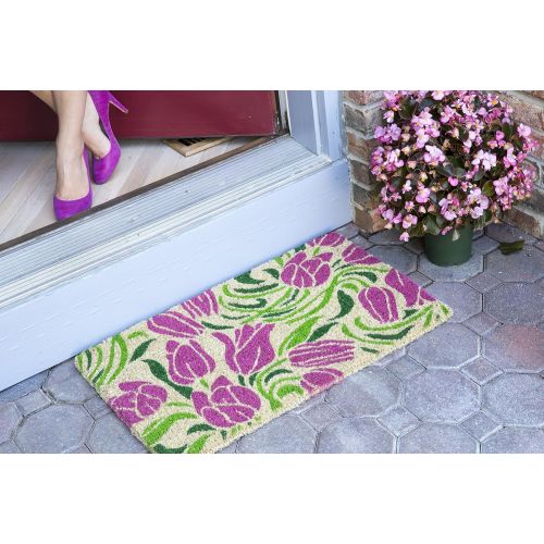  Entryways Blushing Tulips, Hand-Stenciled, All-Natural Coconut Fiber Coir Doormat 18 X 30 x .75