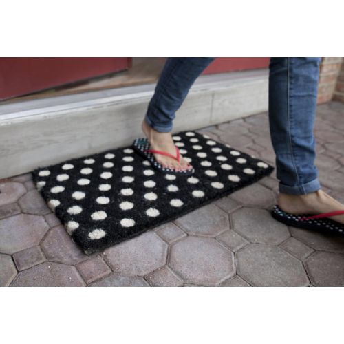  Entryways White Polka Dots Handmade, Hand-Stenciled, All-Natural Coconut Fiber Coir Doormat 18 X 30 x .75