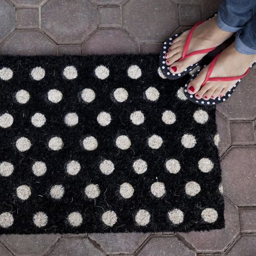  Entryways White Polka Dots Handmade, Hand-Stenciled, All-Natural Coconut Fiber Coir Doormat 18 X 30 x .75