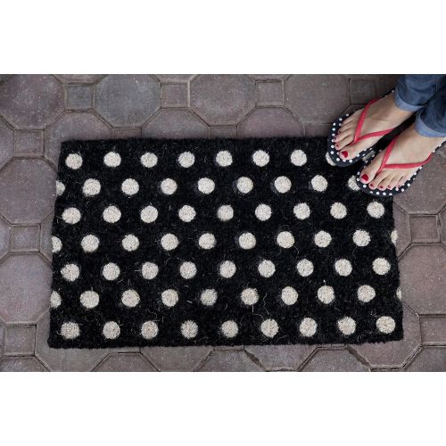  Entryways White Polka Dots Handmade, Hand-Stenciled, All-Natural Coconut Fiber Coir Doormat 18 X 30 x .75