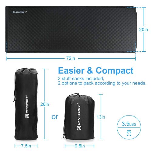  Envelope Bessport Self-Inflating Sleeping Pad 2 Thick Camping Pad Inflatable Foam Sleeping Mat for Camping, Hiking, and Traveling with Patch kit and 2 Carry Bags