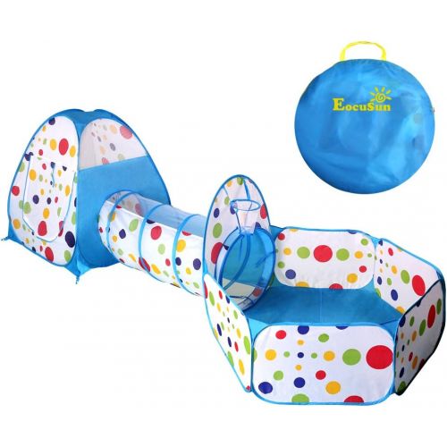  [아마존베스트]EocuSun Polka Dot 3-in-1 Folding Kids Play Tent with Tunnel, Ball Pit and Zippered Storage Bag (Blue)