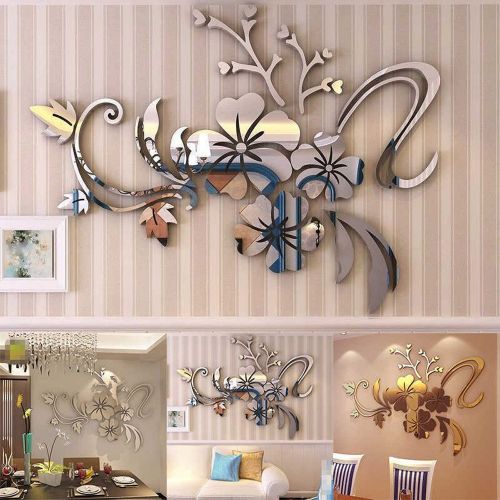  Eolgo 3D Floral Shape Mirror Wall Sticker Removeble Acrylic Mural House Decor for Bedroom Livingroom Easy to Put On and Take Off (Gold, 40 x 60 cm)