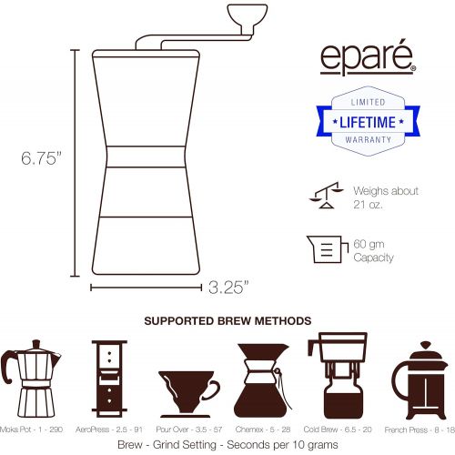  Epare Manuelle Kaffeemuehle - Konisches Mahlwerk - Tragbare Handkurbelmuehle - 15 moegliche Einstellungen - Edelstahl