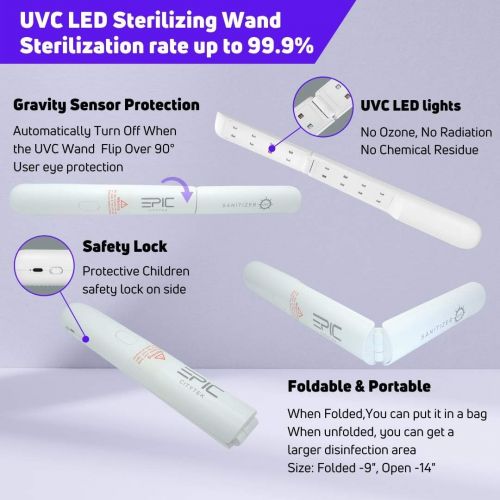  Epic Citytek UV Light Sanitizer Wand Portable UVC Wand Light Sanitizer USB Rechargeable Foldable UV Sanitizer Wand for Home Office Travel Car