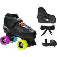 New! Epic Super Nitro Rainbow Indoor / Outdoor Quad Roller Speed Skate 4 Pc. Bundle w/ Bag & Jam Plugs (Mens 5)