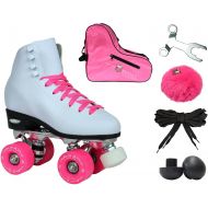 Epic Skates Epic White and Pink Classic High-Top Quad Roller Skate Bundle with Pink Skate Bag, Pompoms and 2 Pair of Laces