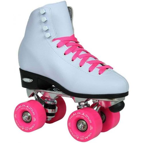  Epic Skates Epic White and Pink Classic High-Top Quad Roller Skate Bundle with Pink Skate Bag, Pompoms and 2 Pair of Laces