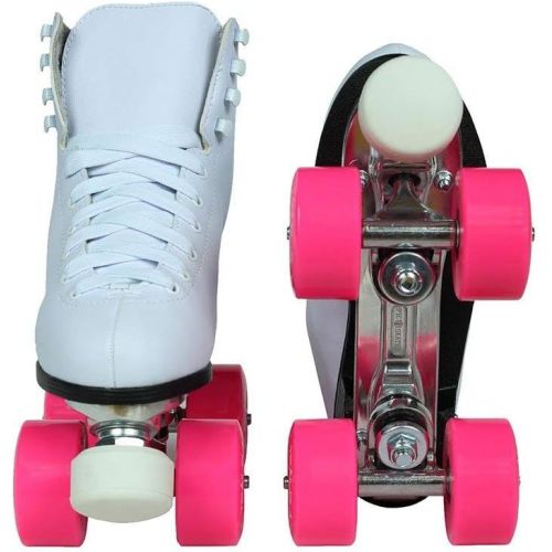  Epic Skates Epic White and Pink Classic High-Top Quad Roller Skate Bundle with Pink Skate Bag, Pompoms and 2 Pair of Laces