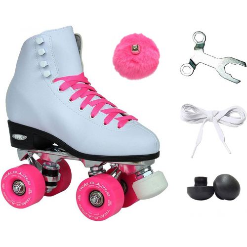  Epic Skates Epic White and Pink Classic High-Top Quad Roller Skate Bundle with Pink Skate Bag, Pompoms and 2 Pair of Laces
