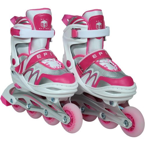  Epic Skates Pixie Adjustable Inline Roller Skates W/LED Light Up Wheels, White/Pink, Youth 1-4
